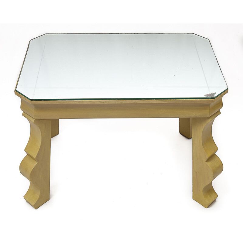 Table d'appoint vintage en bois avec plateau miroir, 1940