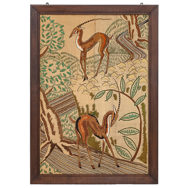 Panel decorativo art déco vintage que muestra un paisaje con dos gacelas, 1900