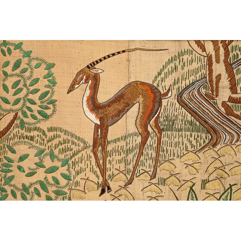 Vintage art deco decorative panel representing a landscape with two gazelles, 1900