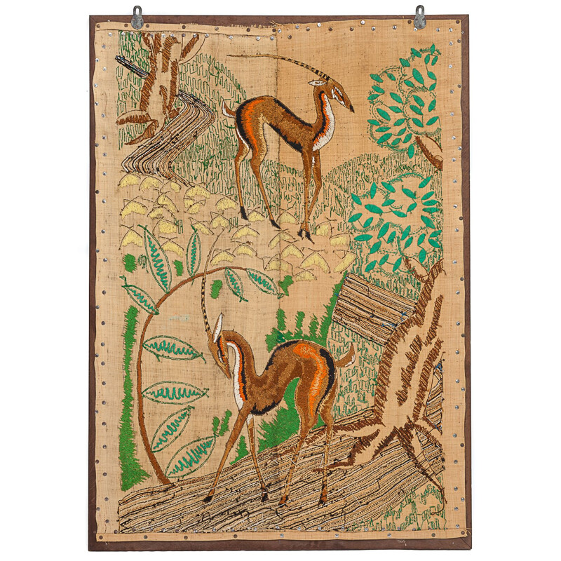 Panneau décoratif vintage art déco représentant un paysage avec deux gazelles, 1900