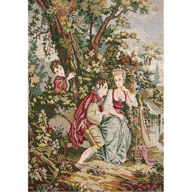 Tapisserie vintage "Scène galante" en laine d'après Watteau, 1940