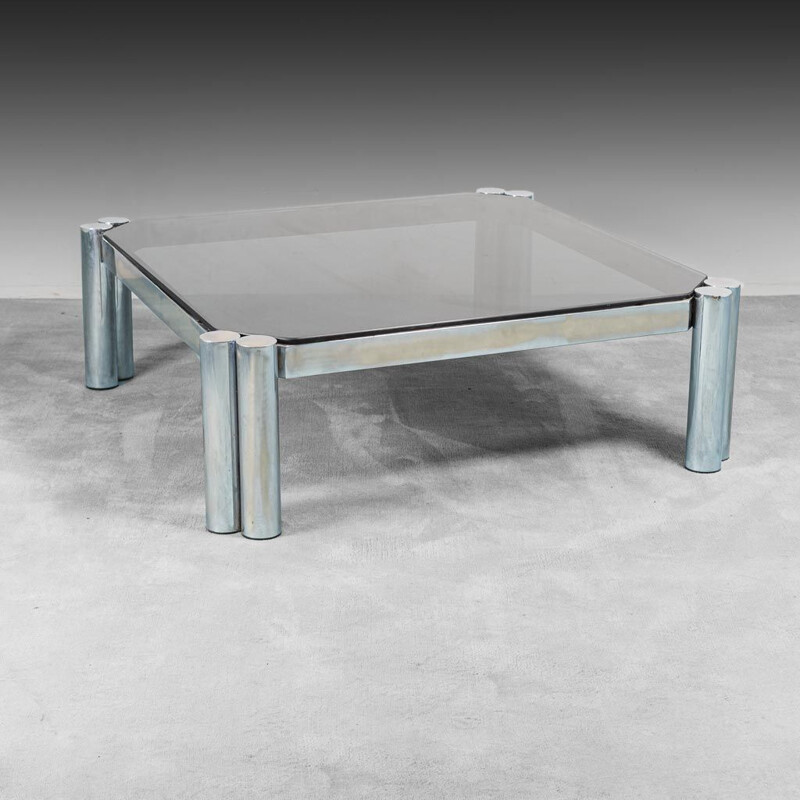 Vintage chromed metal and glass coffee table, 1970s