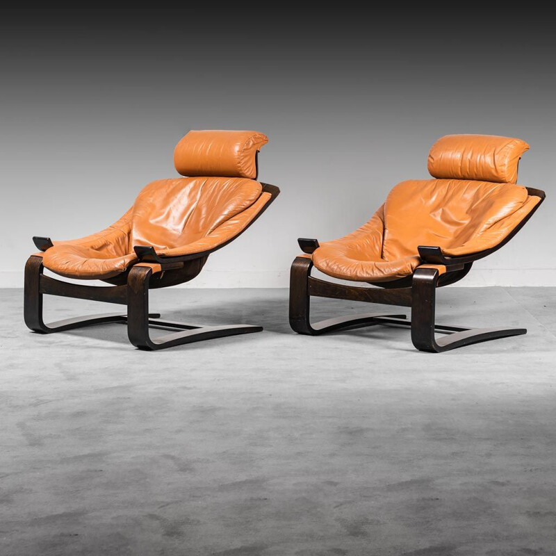 Pair of vintage Kroken leather armchairs by Ake Fribyter for Nelo, 1970