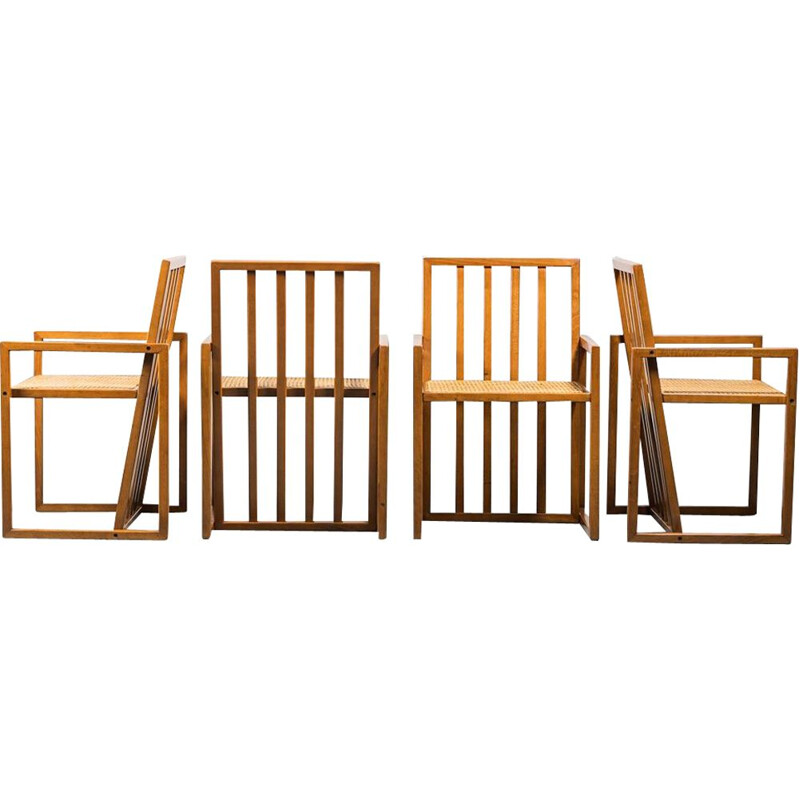 Ensemble de 4 chaises vintage en bois et en paille, 1970