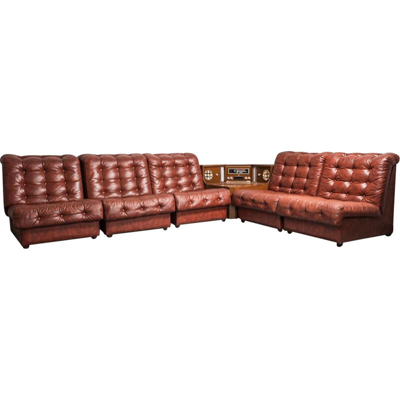 Vintage modular living room set in brown eco leather