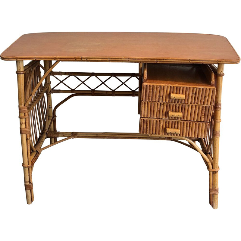 Vintage rattan desk by Audois Minet, France 1970