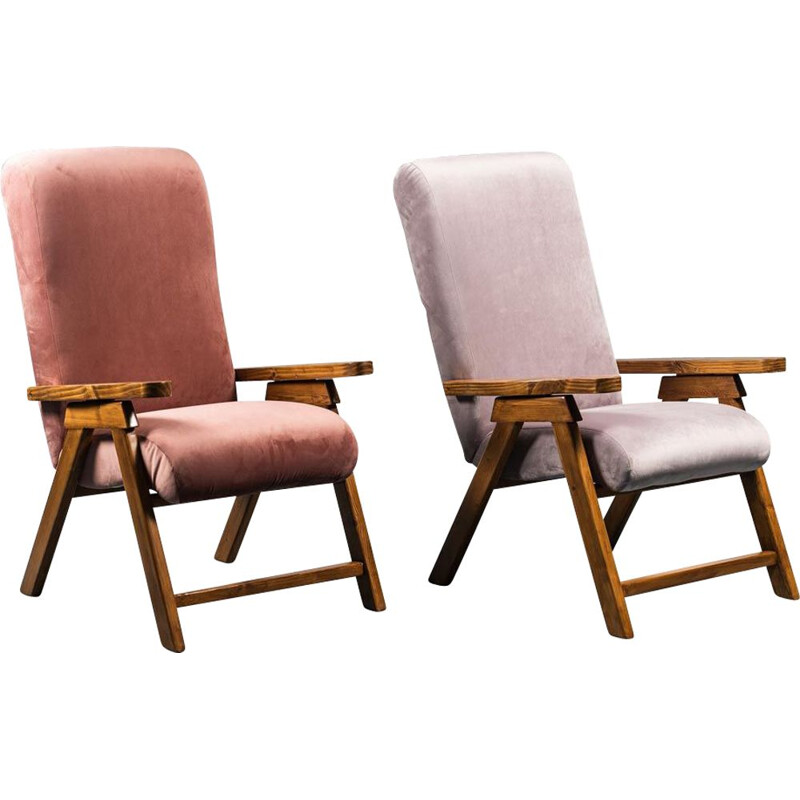 Paar vintage fauteuils in hout en fluweel, 1970