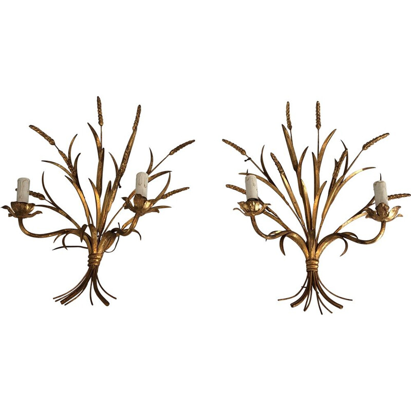 Pair of vintage Coco Channel wall lamps model aux Epis de Blé in gilded metal, France 1970