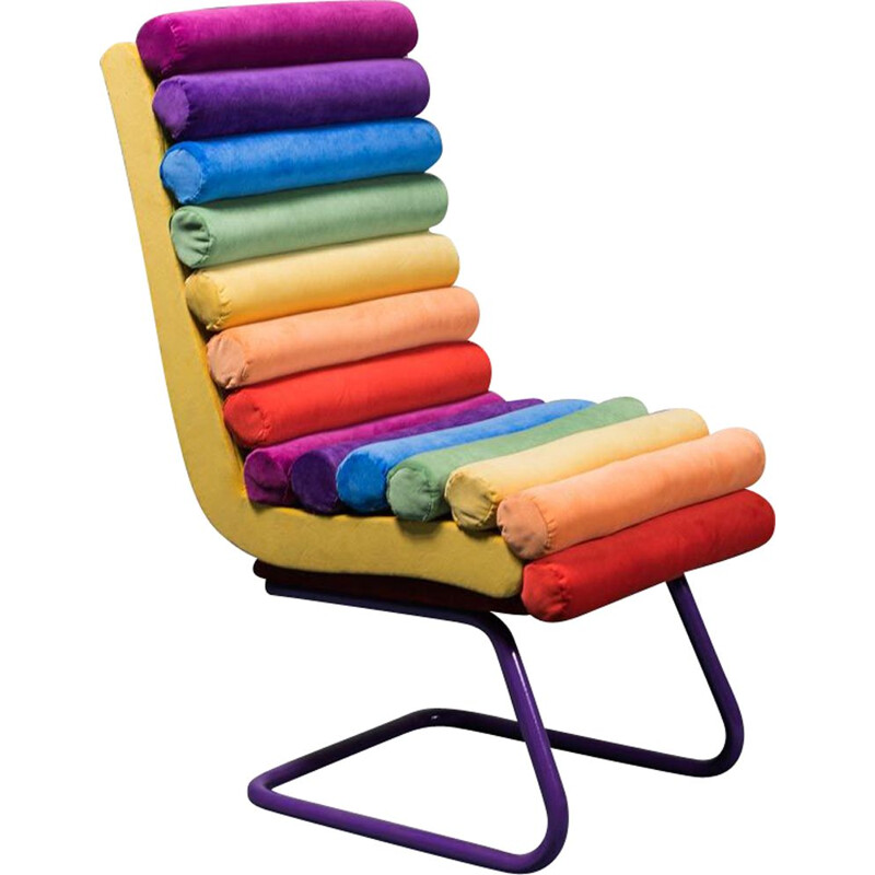 Vintage rainbow velvet and wood armchair, 1970s