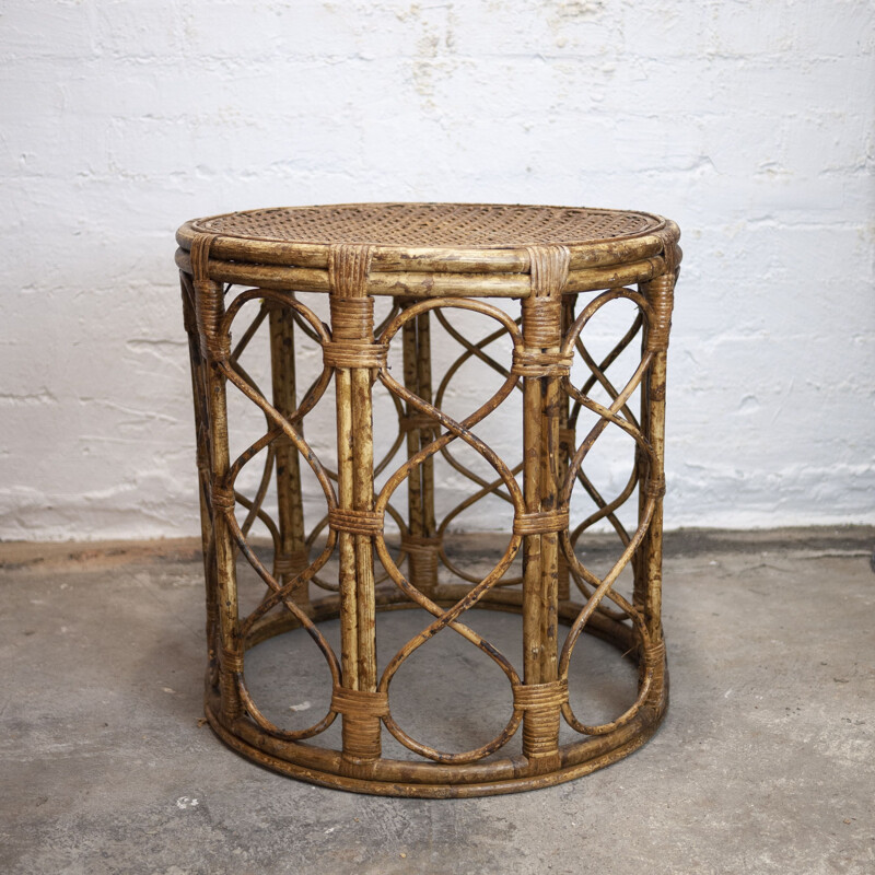 Mid-century bamboo Drum side table with cane top, 1960s