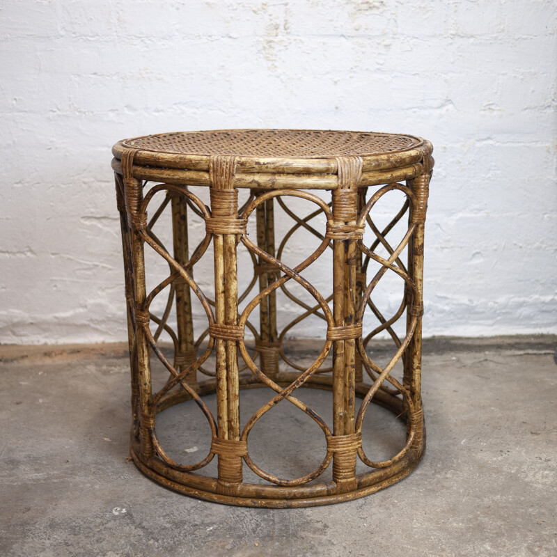 Table d'appoint Drum vintage en bambou avec plateau en rotin, 1960