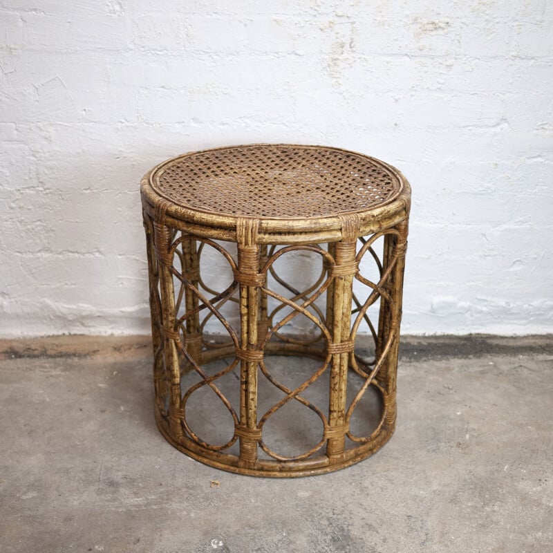 Mid-century bamboo Drum side table with cane top, 1960s