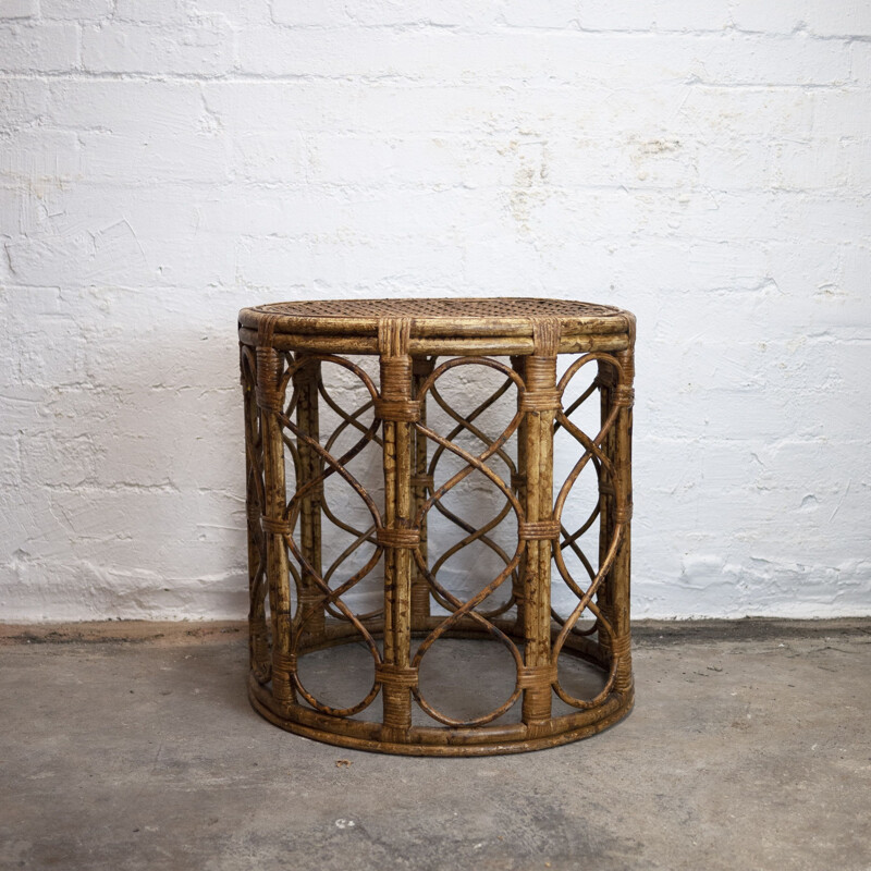 Mid-century bamboo Drum side table with cane top, 1960s