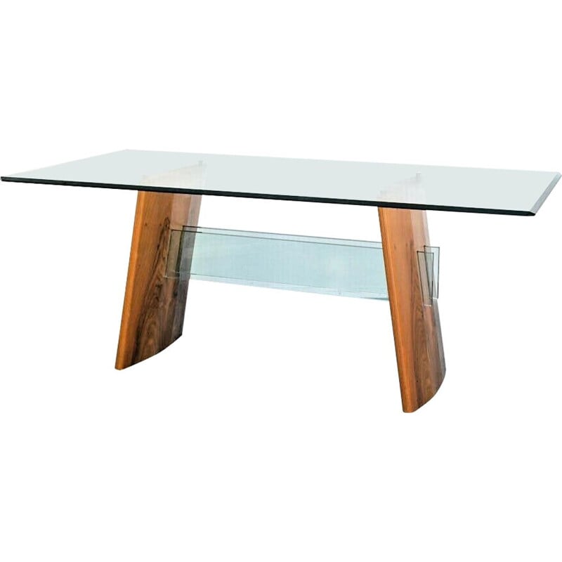 Vintage dining table in glass and wood, 1980s