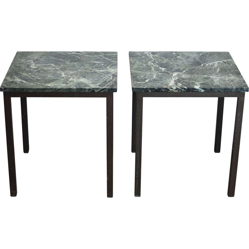 Pair of vintage brass and green marble square side tables, 1980s