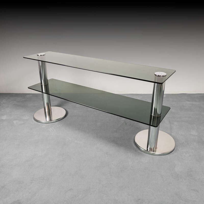 Vintage console in chromed steel and smoked glass, 1970s