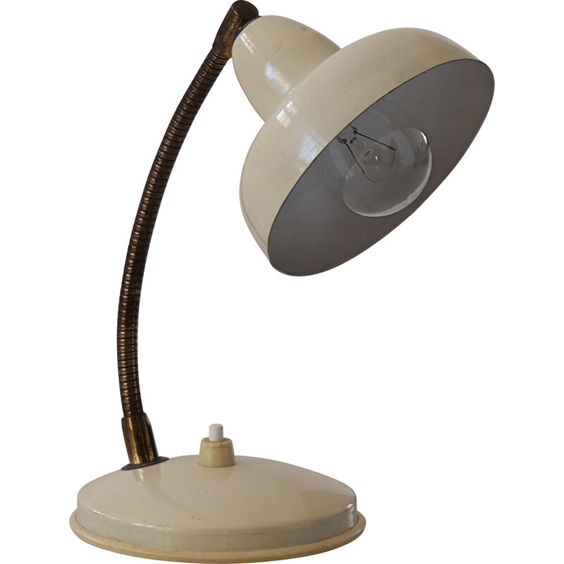 Lampe de table vintage en métal laqué crème et laiton, Italie 1950