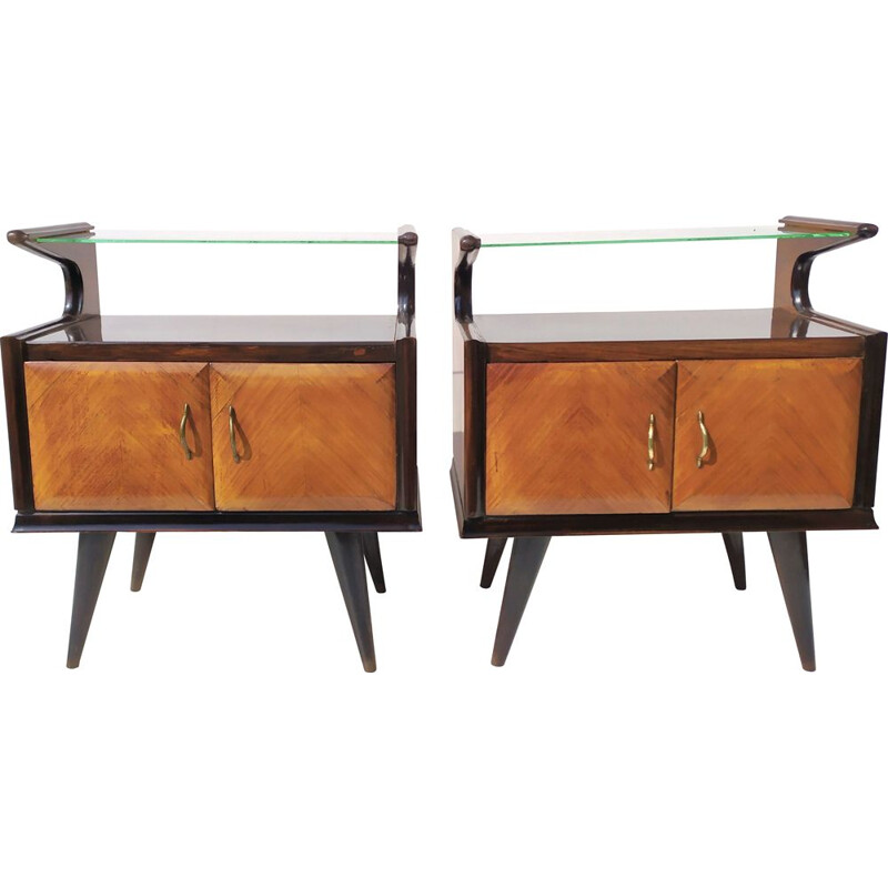 Paire de tables de chevet vintage en bois et verre de Paolo Buffa, 1940
