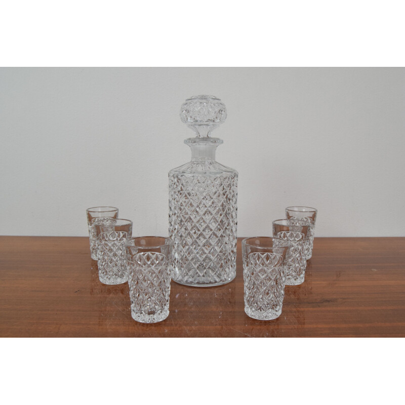 Conjunto de 6 copos e decantadores de cristal vintage, Checoslováquia 1950
