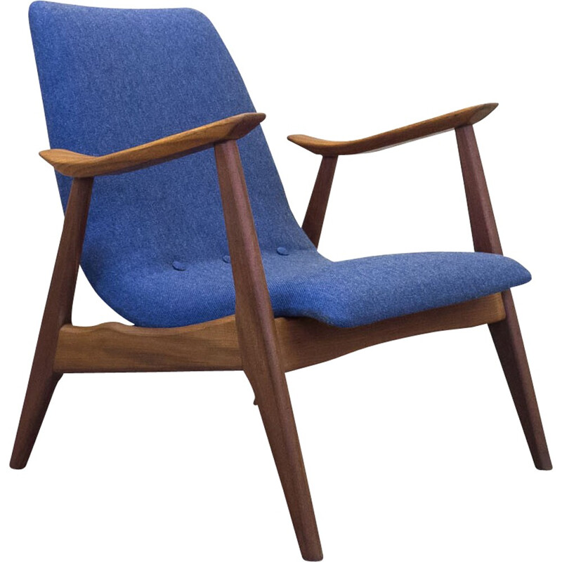 Vintage afromosia teak and blue fabric lounge chair - 1950s