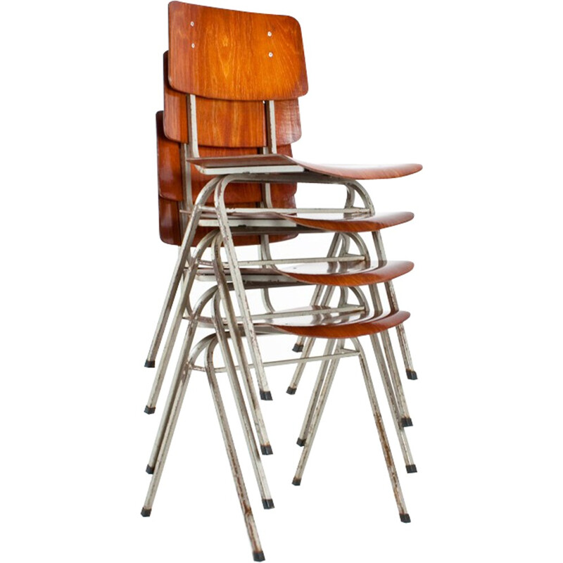 Set of 4 of industrial Dutch school chairs - 1960s