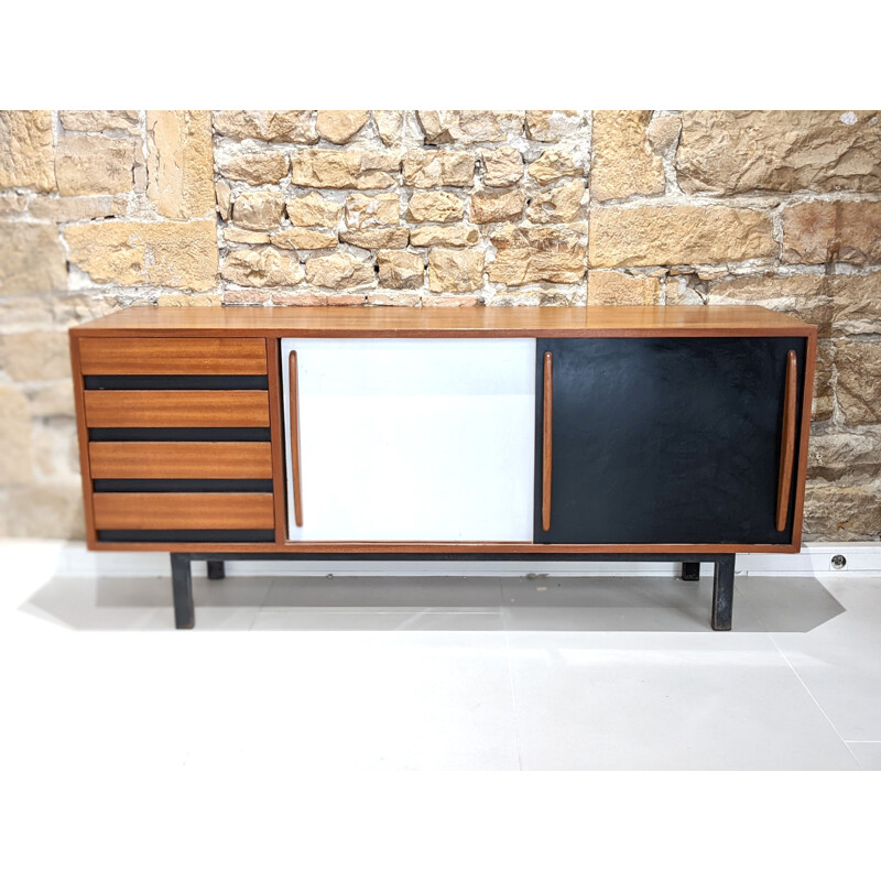 Vintage Cansado mahogany highboard with black and white doors by Charlotte Perriand for Steph Simon, 1960