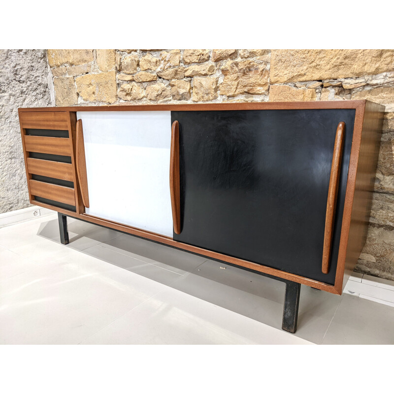 Vintage Cansado mahogany highboard with black and white doors by Charlotte Perriand for Steph Simon, 1960