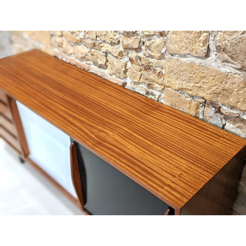 Vintage Cansado mahogany highboard with black and white doors by Charlotte Perriand for Steph Simon, 1960