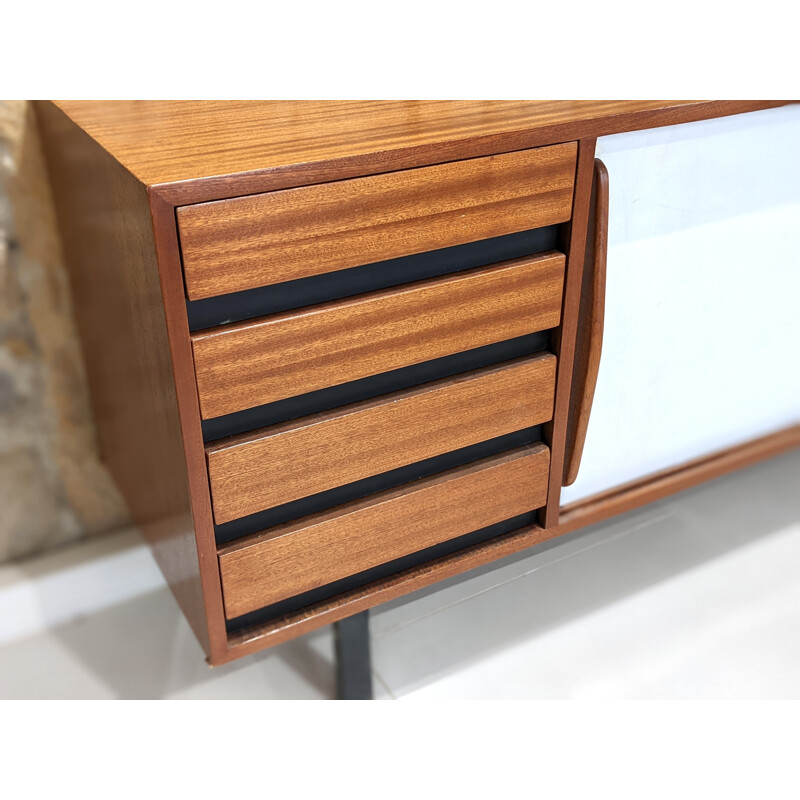 Vintage Cansado mahogany highboard with black and white doors by Charlotte Perriand for Steph Simon, 1960