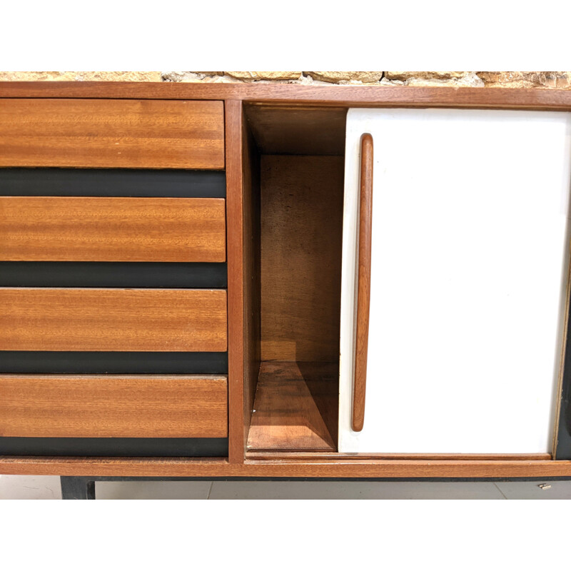 Vintage Cansado mahogany highboard with black and white doors by Charlotte Perriand for Steph Simon, 1960