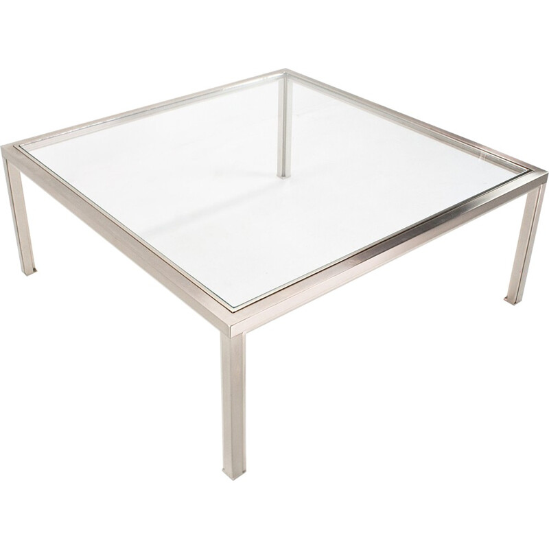 Grande table basse carrée vintage en verre et métal - 1970