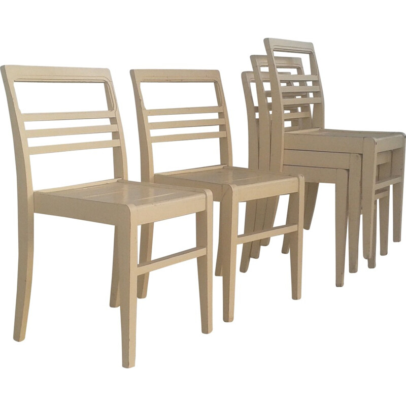 Lot de 5 chaises en bois beiges, René GABRIEL - 1950