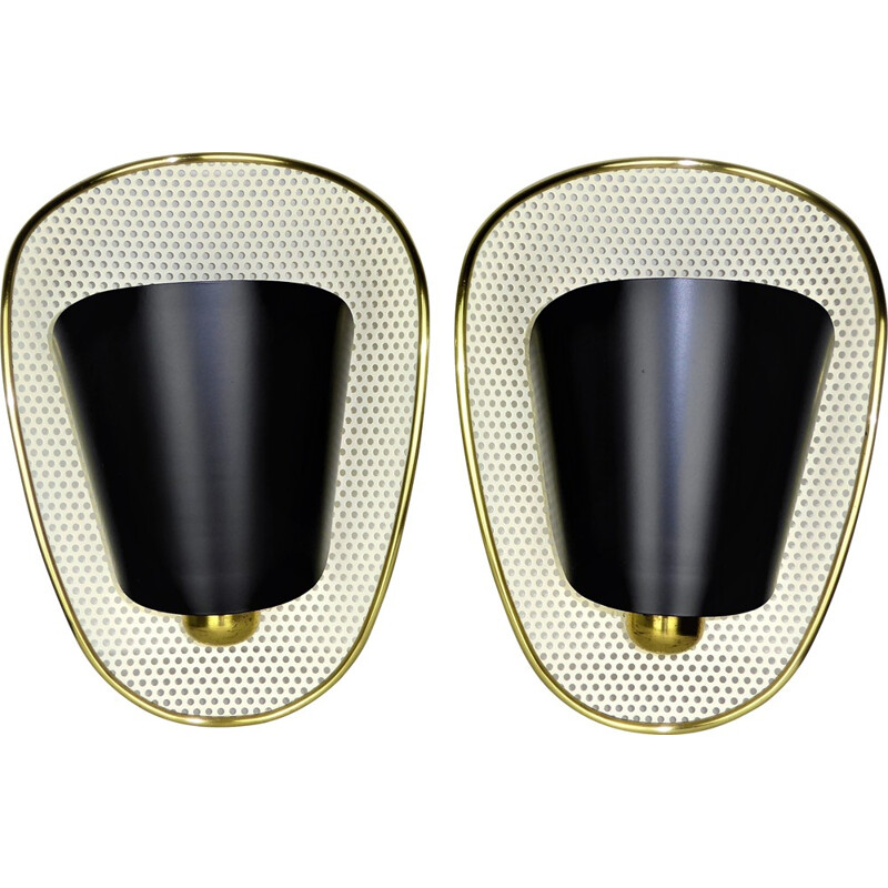 Pair of perforated metal and brass wall lights, Jacques BINY - 1950s