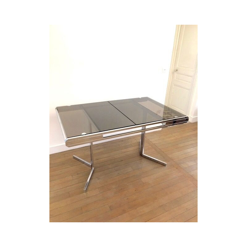 Vintage extendable table in smoked glass and chromed steel, 1970s
