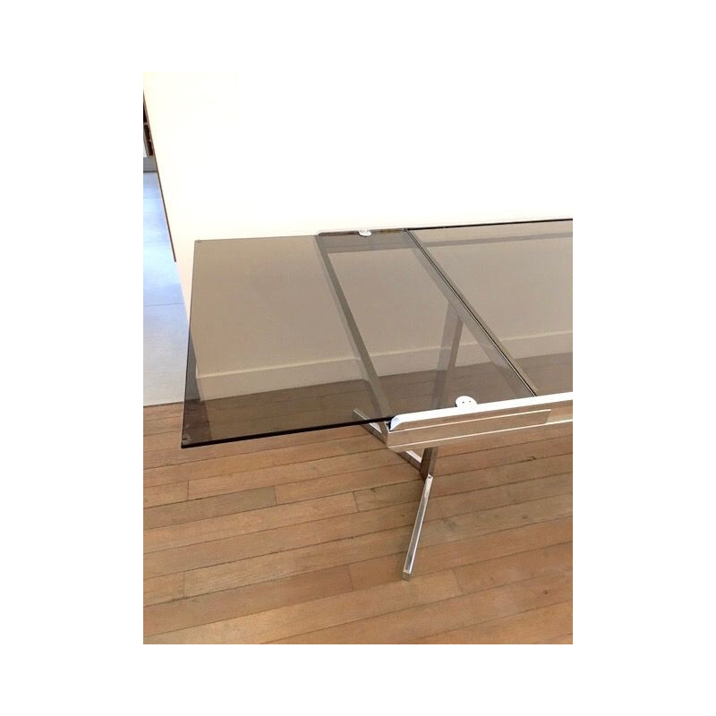 Vintage extendable table in smoked glass and chromed steel, 1970s