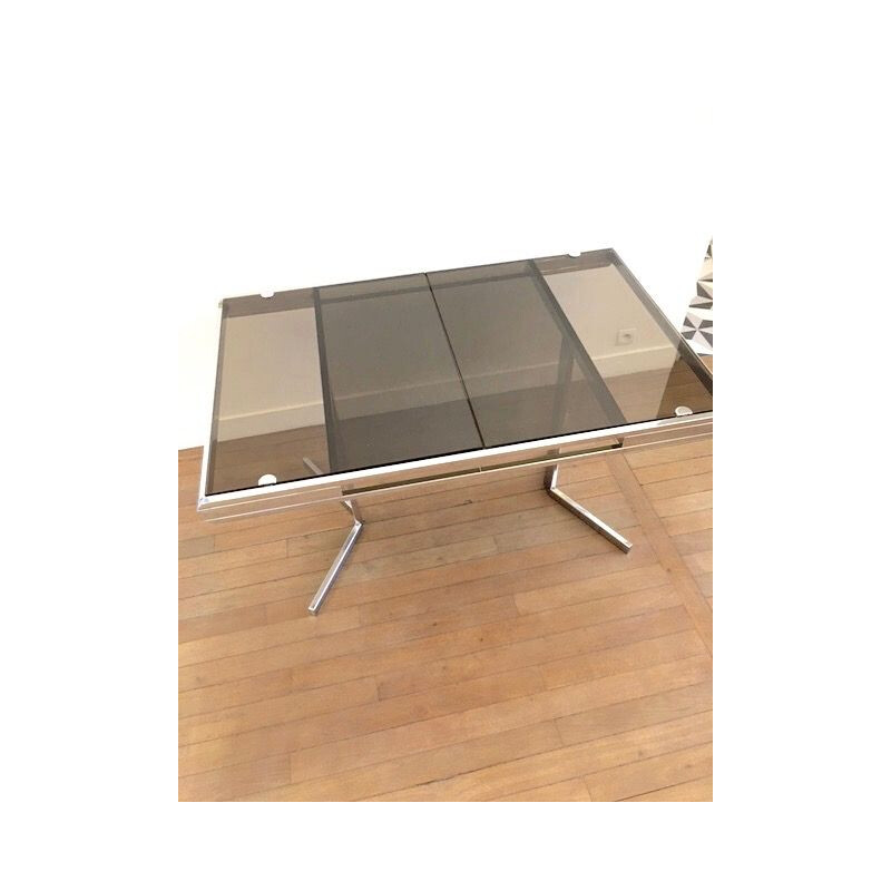 Vintage extendable table in smoked glass and chromed steel, 1970s