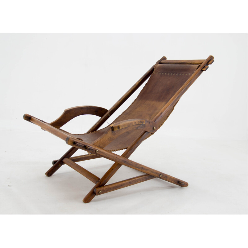 Vintage elmwood and leather rocking chair, Czechoslovakia 1960s