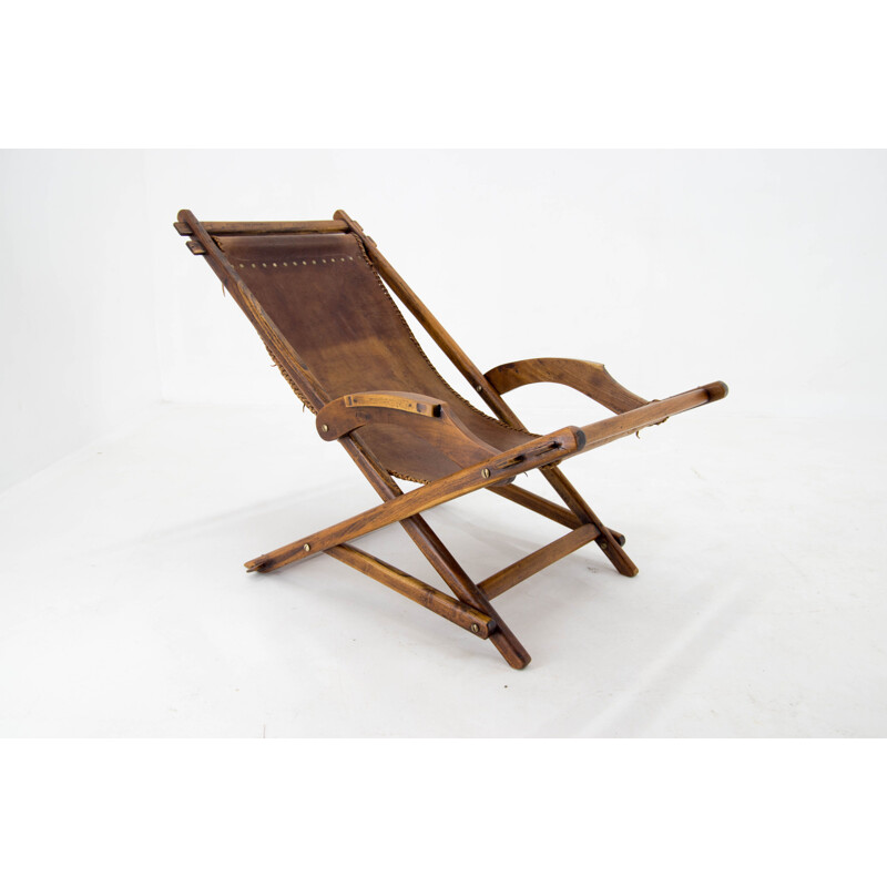 Silla mecedora vintage de madera de olmo y cuero, Checoslovaquia 1960