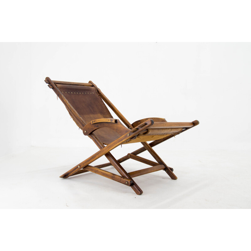 Vintage elmwood and leather rocking chair, Czechoslovakia 1960s