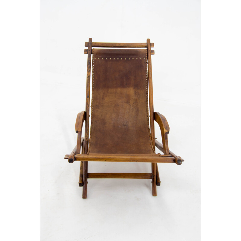 Cadeira de balanço em madeira de olmo vintage e couro, Checoslováquia 1960