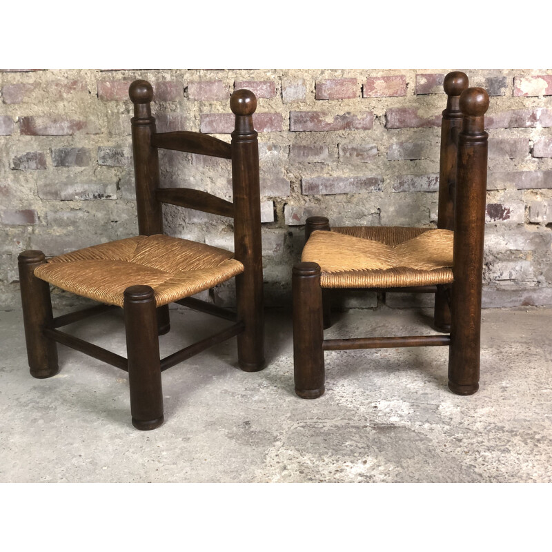 Paire de chaises basses vintage paillées par Charles Dudouyt, 1930