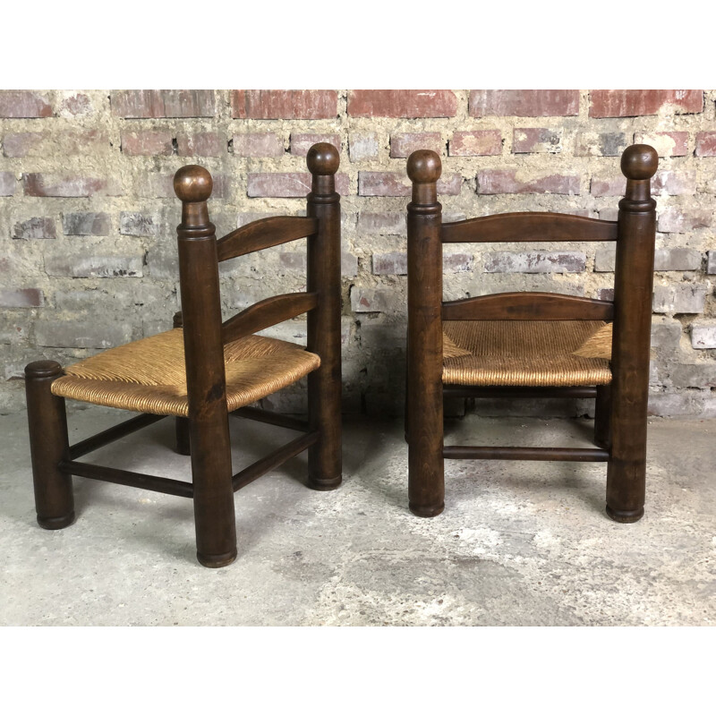 Pair of vintage oak straw chairs by Charles Dudouyt, 1930