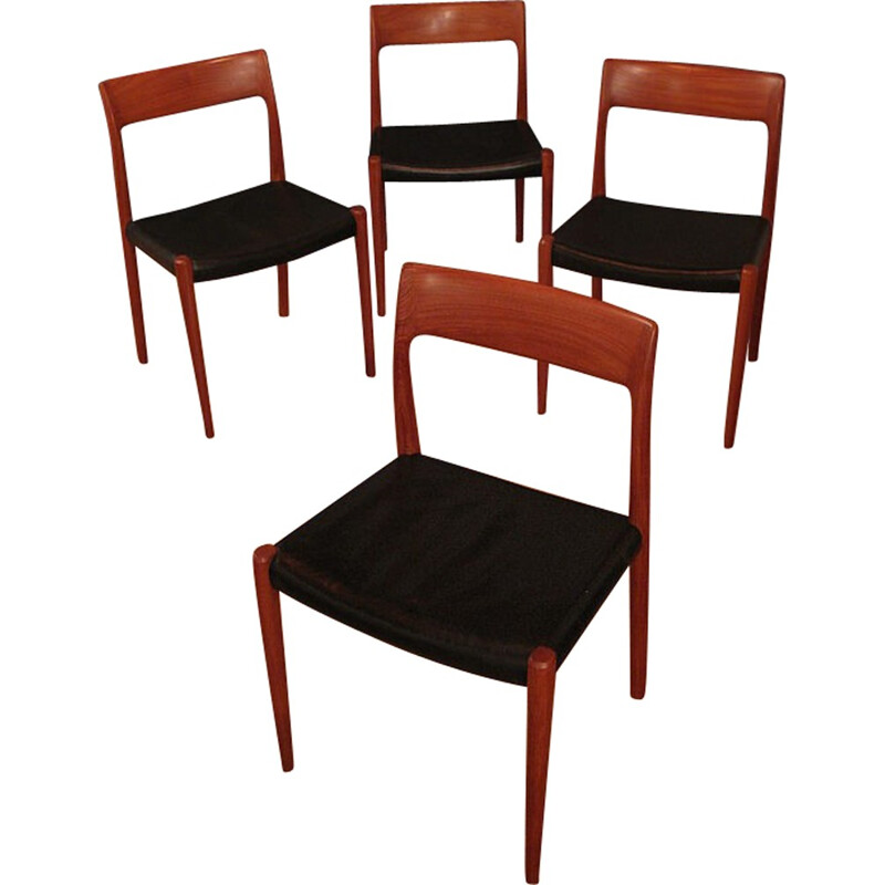 Set of 4 teak and leather chairs, Niels MOLLER - 1950s