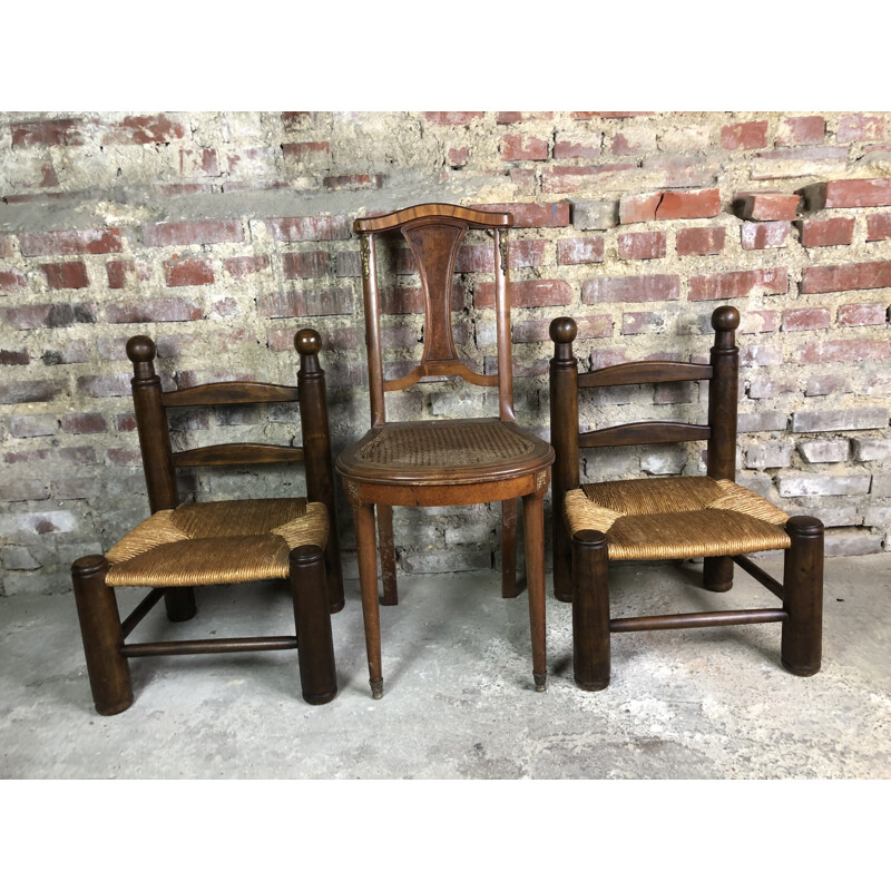 Pair of vintage oak straw chairs by Charles Dudouyt, 1930