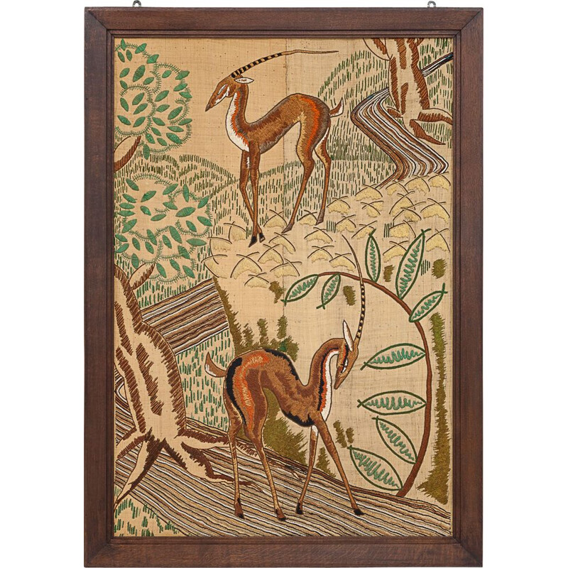 Panel decorativo art déco vintage que muestra un paisaje con dos gacelas, 1900