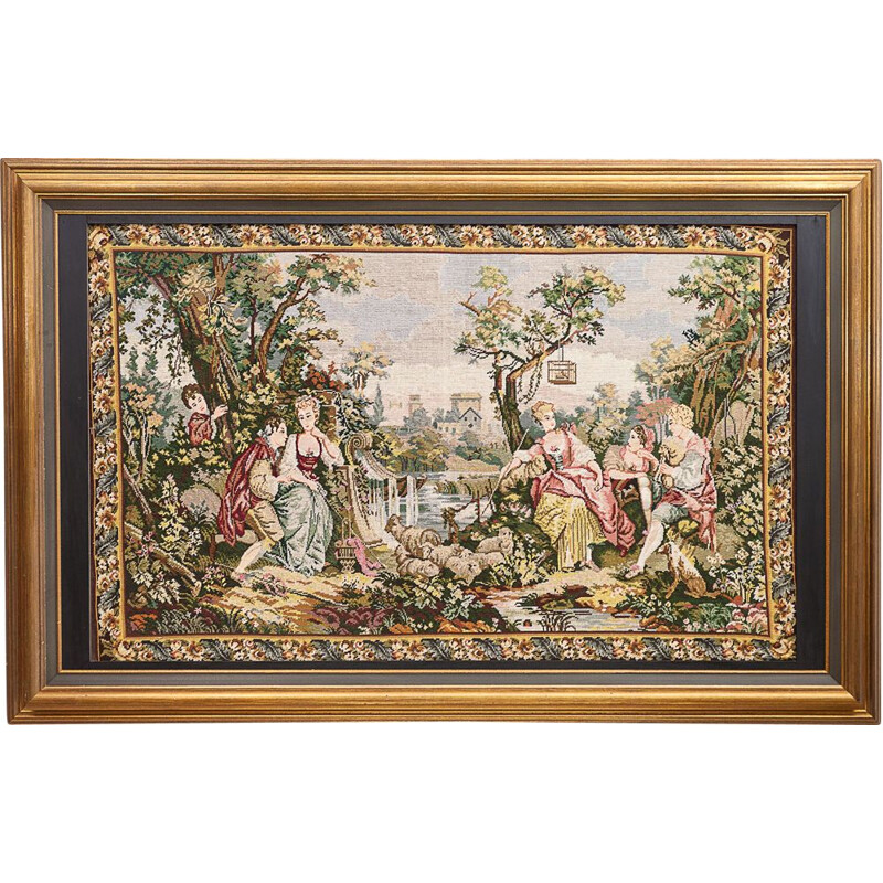 Vintage tapestry "Scène galante" in wool after Watteau, 1940