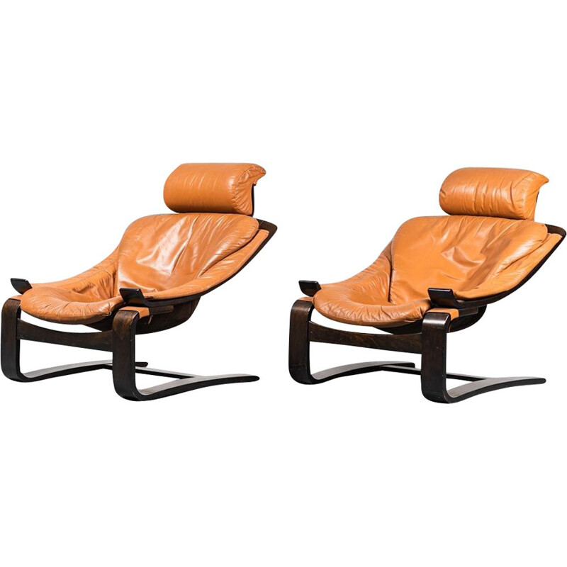 Pair of vintage Kroken leather armchairs by Ake Fribyter for Nelo, 1970