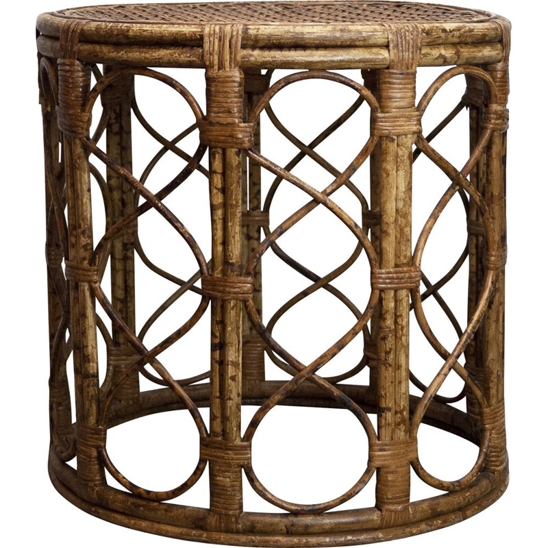 Vintage Drum Beistelltisch aus Bambus mit Rattanplatte, 1960