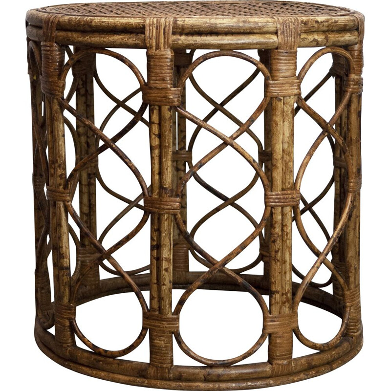 Mid-century bamboo Drum side table with cane top, 1960s