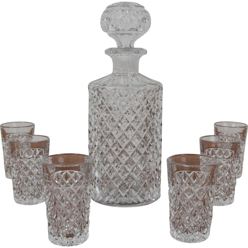Conjunto de 6 copos e decantadores de cristal vintage, Checoslováquia 1950